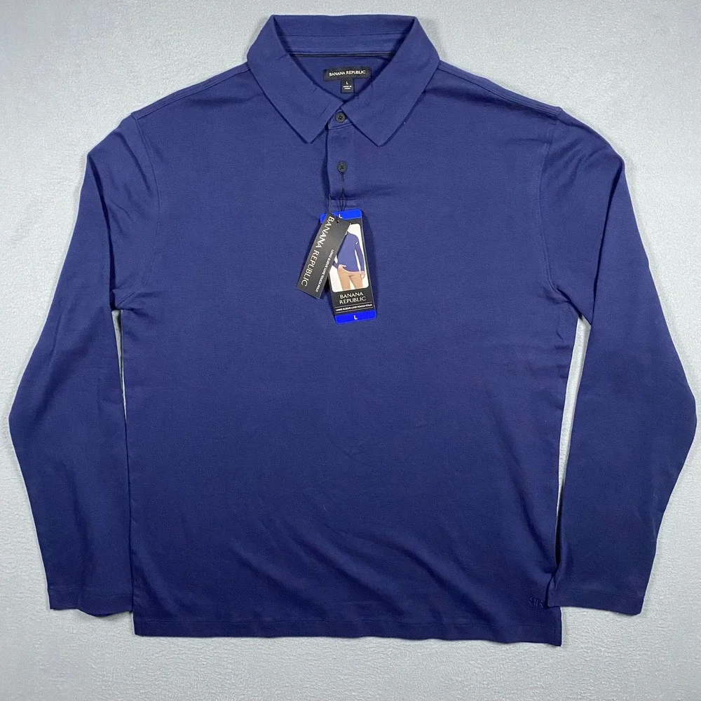 Banana Republic Mens Luxe Touch Long Sleeve Polo Shirt Navy Blue Large NWT